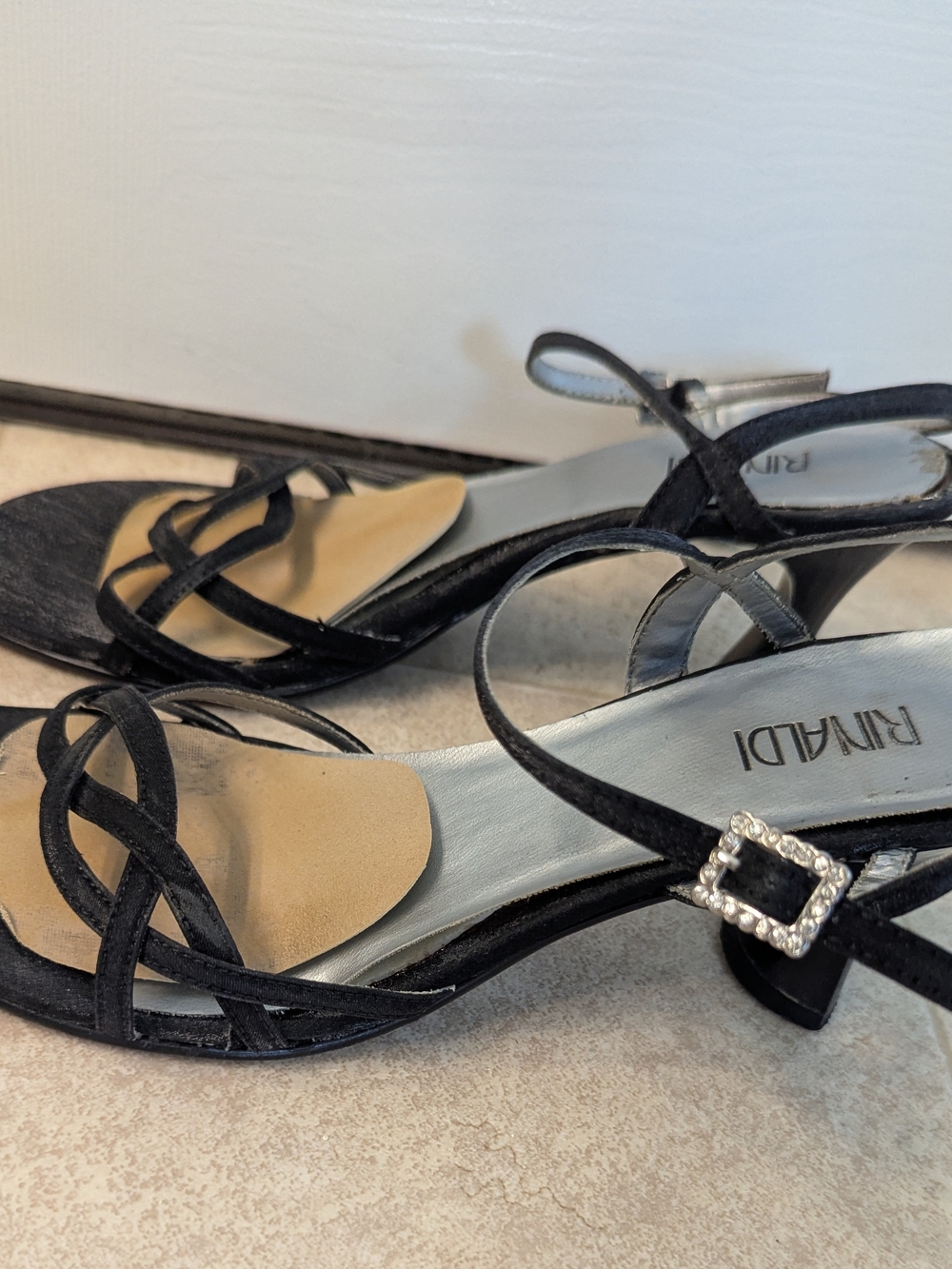 Rinaldi Black Strappy Women's Heels with Rhinestone Buckle